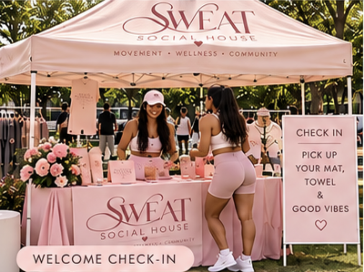 Pink themed welcome and check-in area